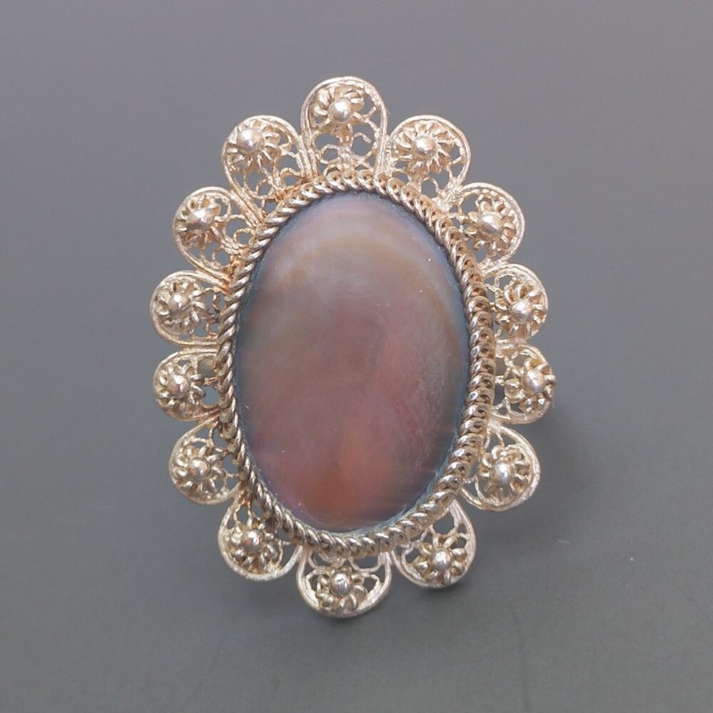 Sterling Filigree & Abalone Ring — Size ~6.5